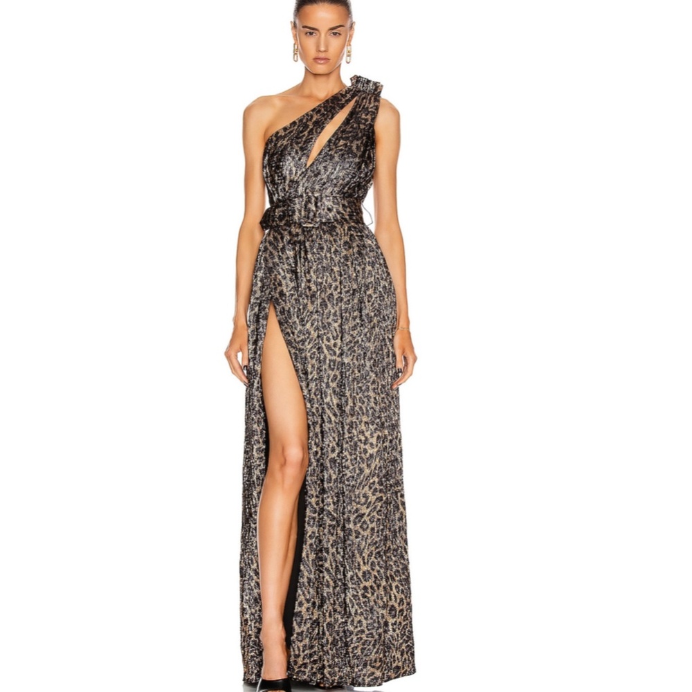 Retrofete Andrea Maxi Dress in Bronze Leopard Small One Shoulder Formal Gala